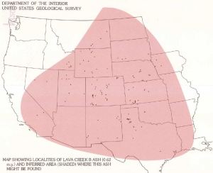Extent of the Lava Creek B ash from Yellowstone Caldera, 0.62 million years.